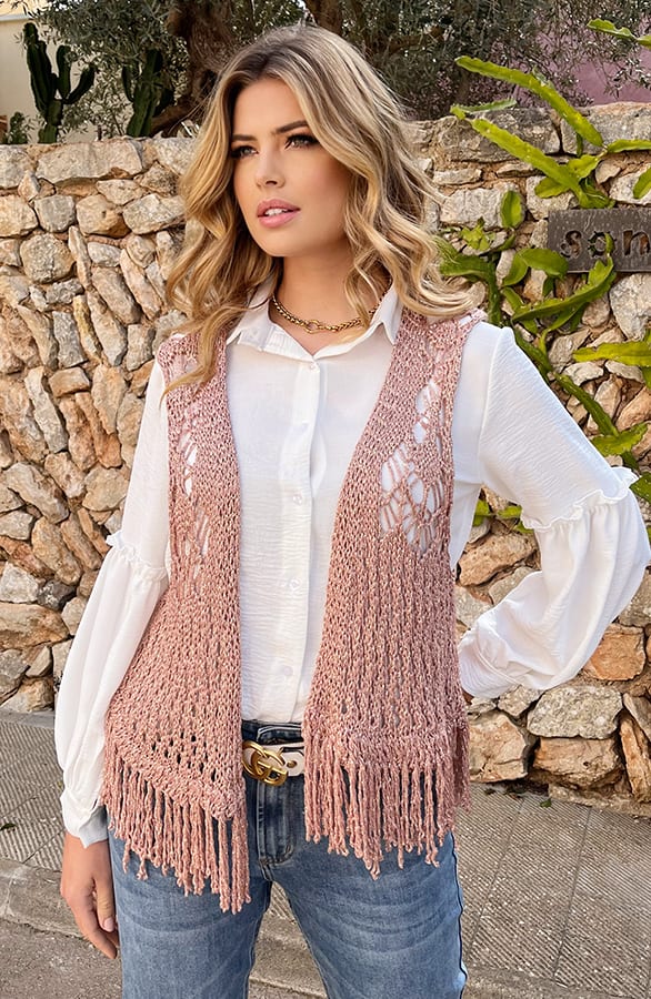 Gehaakt Gilet Fringe Lurex Rose Goud – shoparchief, foto 3
