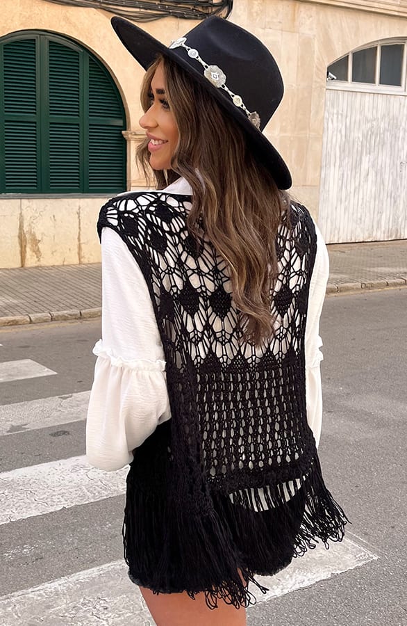 Gehaakt Gilet Fringe Zwart – shoparchief, foto 1