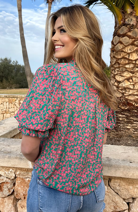 Katoenen Bloemen Print Blouse Groen Roze – shoparchief, foto 6