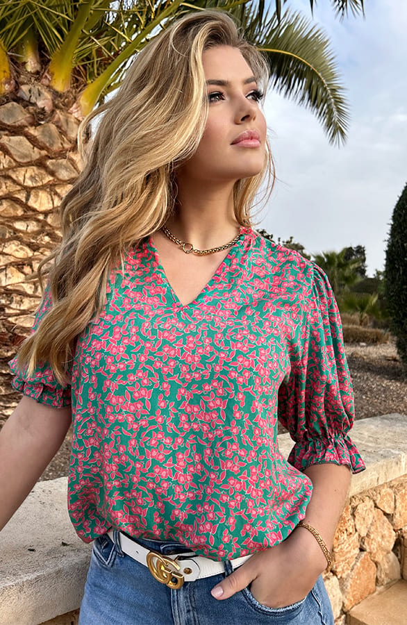 Katoenen Bloemen Print Blouse Groen Roze – shoparchief, foto 4