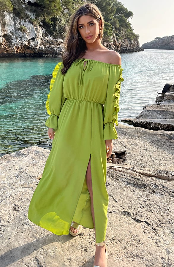 Maxi Off Shoulder Ruffle Jurk Olive – shoparchief, foto 3