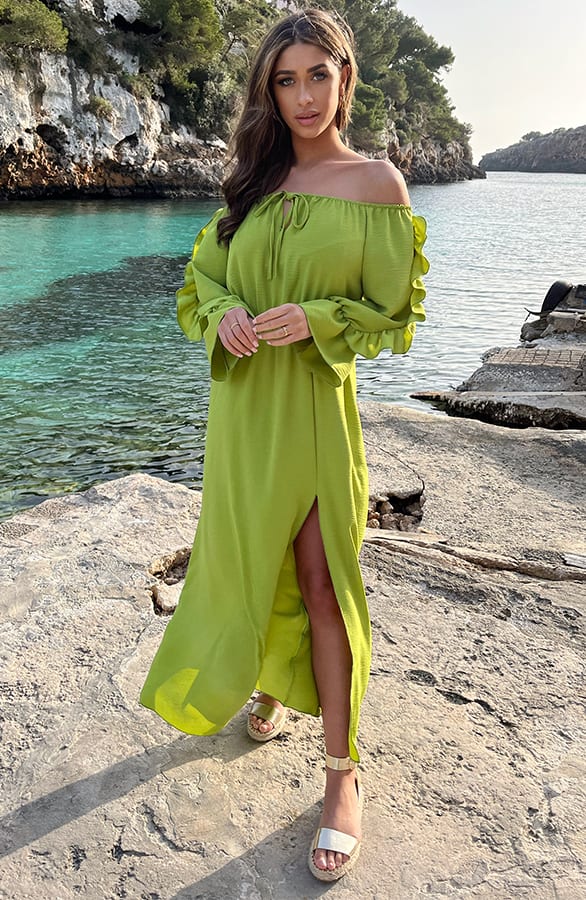 Maxi Off Shoulder Ruffle Jurk Olive – shoparchief, foto 4