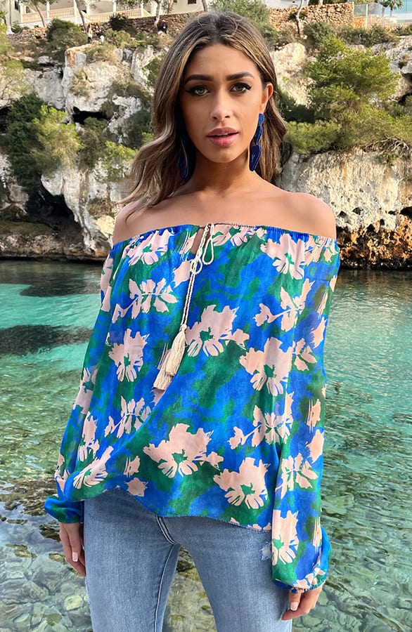 Off Shoulder Blouse Tropical Kobalt – shoparchief, foto 4