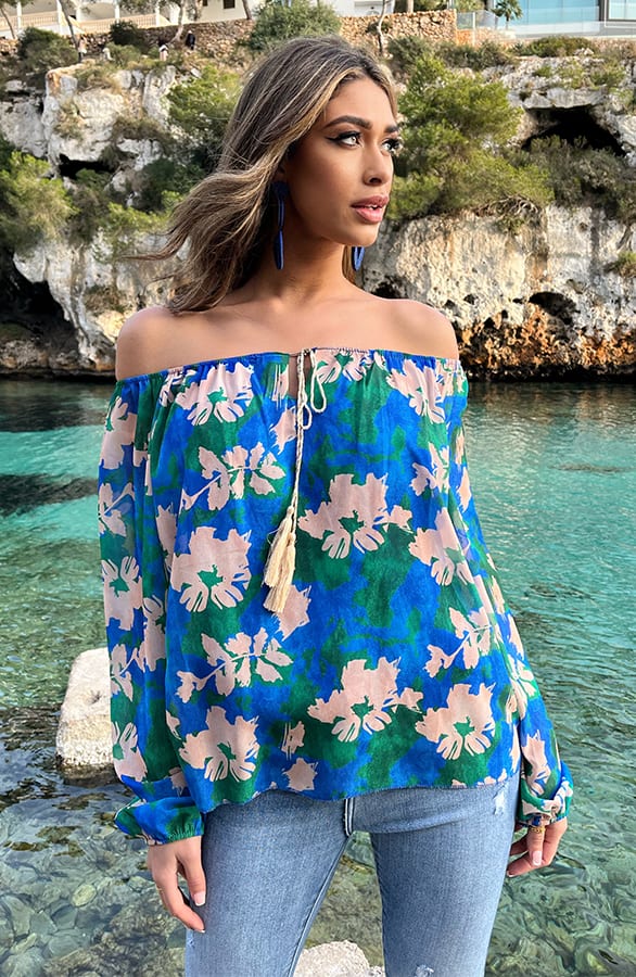 Off Shoulder Blouse Tropical Kobalt – shoparchief, foto 1