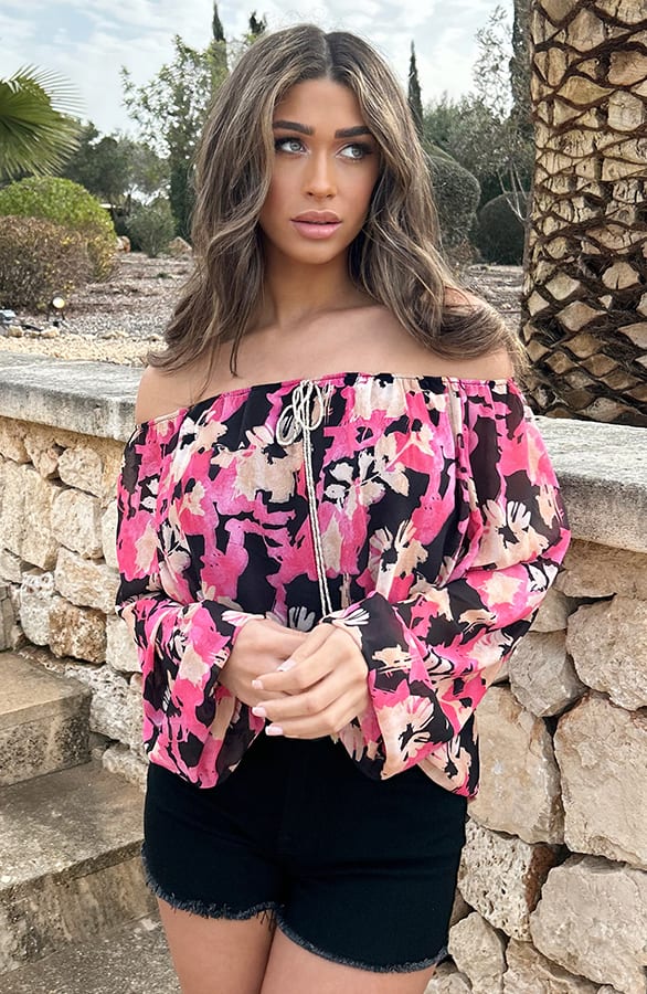 Off Shoulder Blouse Tropical Zwart Fuchsia – shoparchief, foto 4