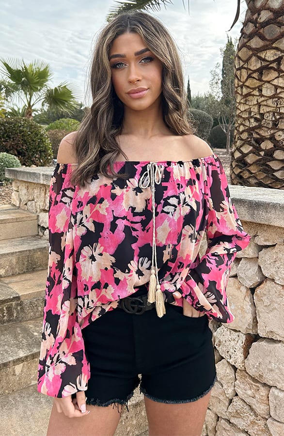 Off Shoulder Blouse Tropical Zwart Fuchsia – shoparchief, foto 3