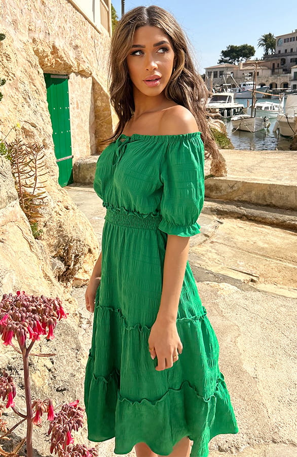 Offshoulder Laagjes Jurk Bright Green – jurken, foto 5