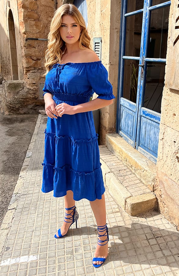 Offshoulder Laagjes Jurk Kobalt – shoparchief, foto 4