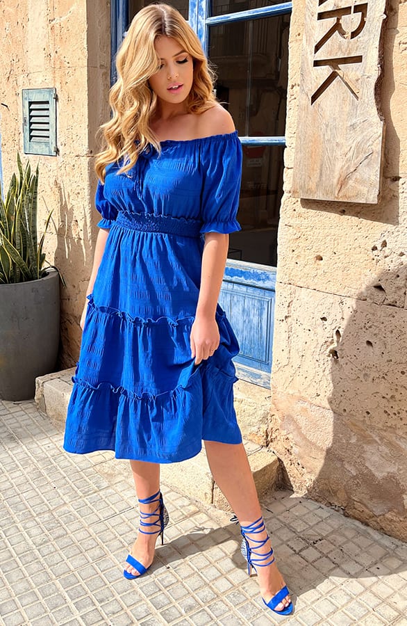 Offshoulder Laagjes Jurk Kobalt – shoparchief, foto 3