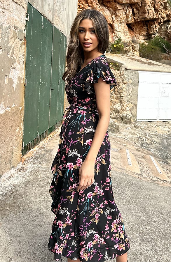 Bloemen Jurk Midi Print Zwart – jurken, foto 5