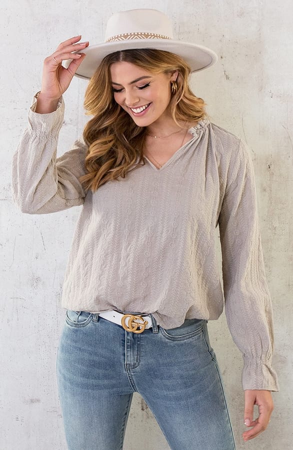 Embroidery V-hals Blouse Beige – shoparchief, foto 3