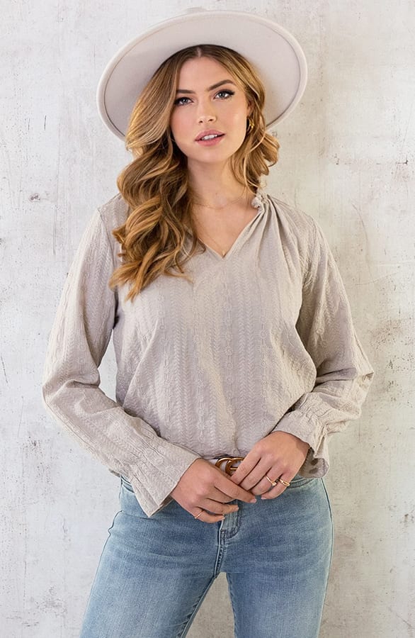 Embroidery V-hals Blouse Beige – shoparchief, foto 1