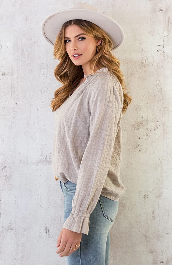Embroidery V-hals Blouse Beige – shoparchief, foto 4