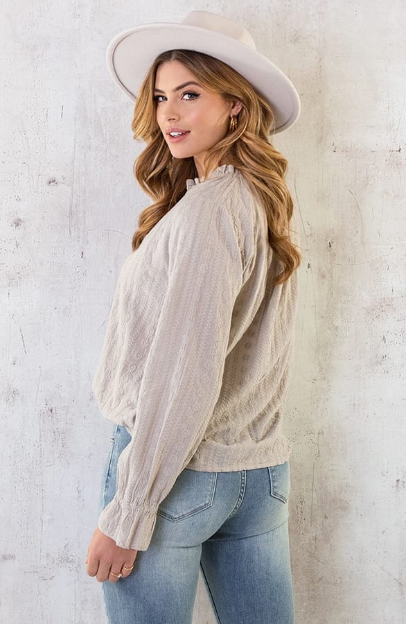 Embroidery V-hals Blouse Beige – shoparchief, foto 5
