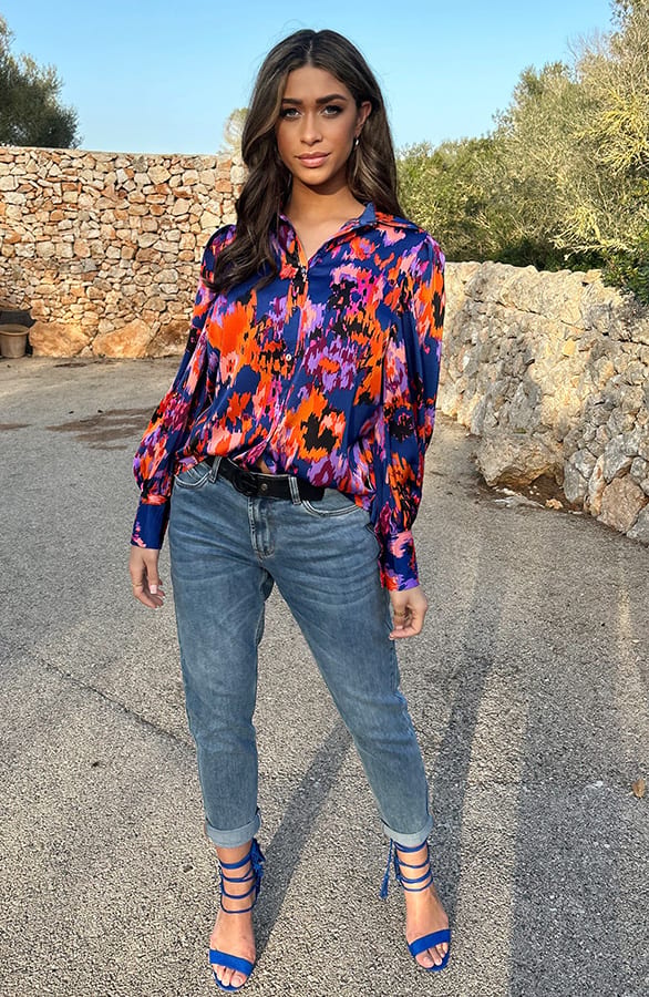 Knopen Print Blouse Kobalt Oranje – shoparchief, foto 15