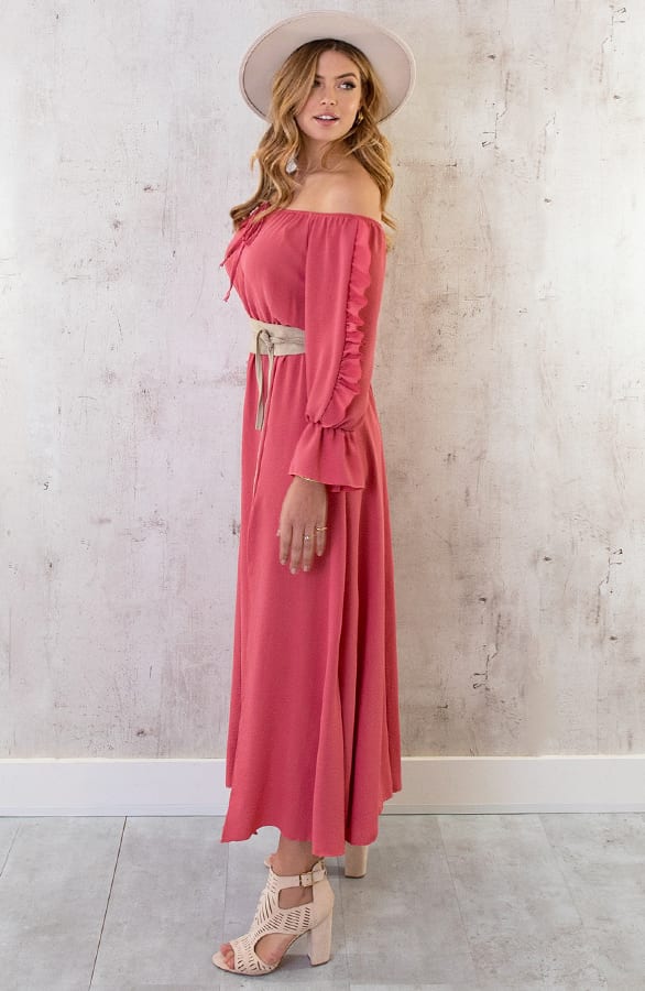 Maxi Off Shoulder Ruffle Jurk Dust Roze – shoparchief, foto 4