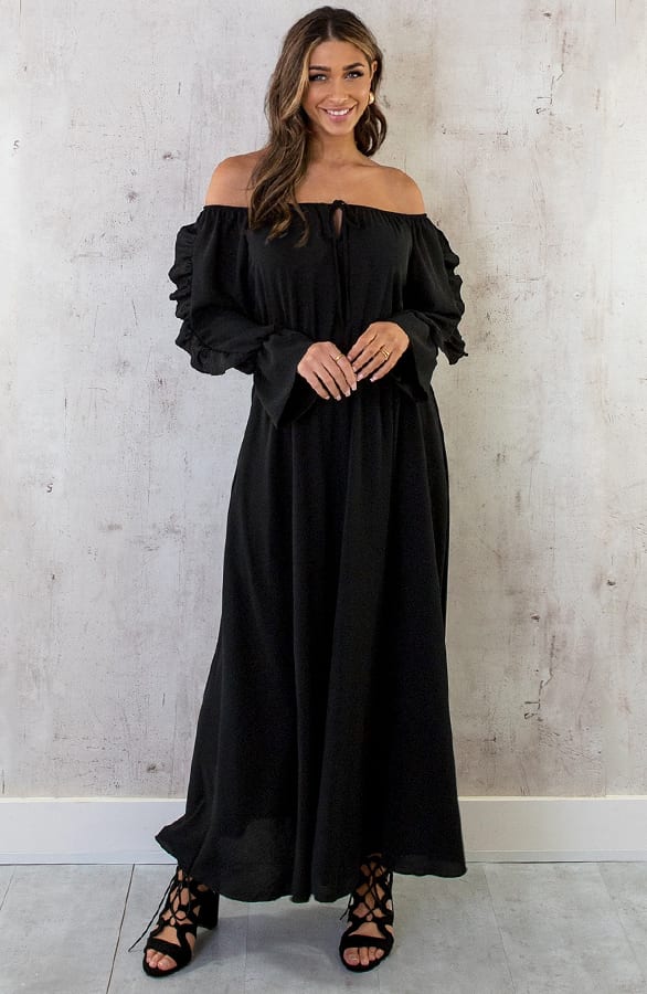 Maxi Off Shoulder Ruffle Jurk Zwart – shoparchief, foto 2