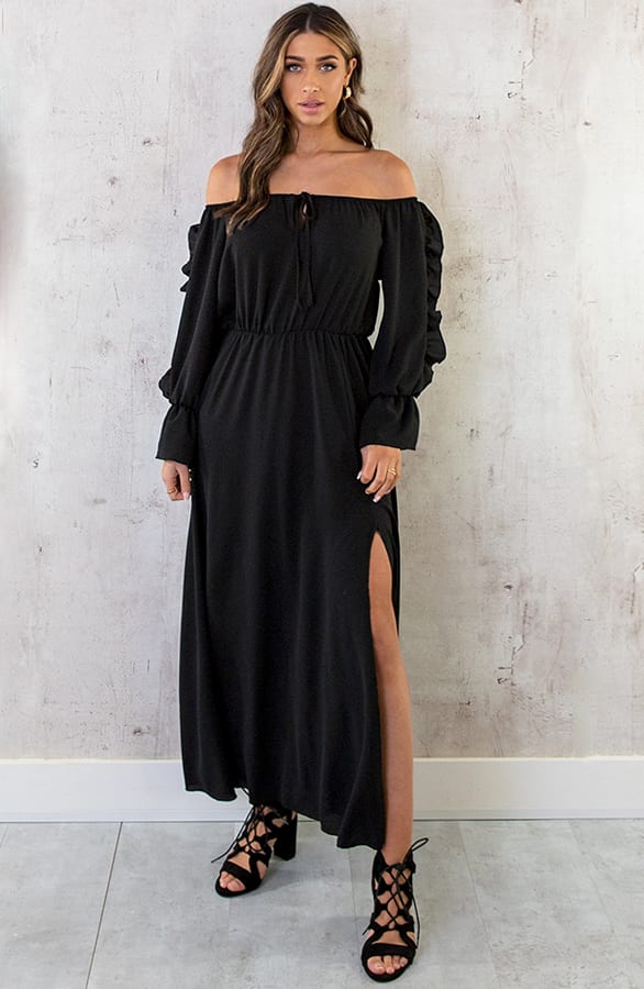 Maxi Off Shoulder Ruffle Jurk Zwart – shoparchief, foto 1