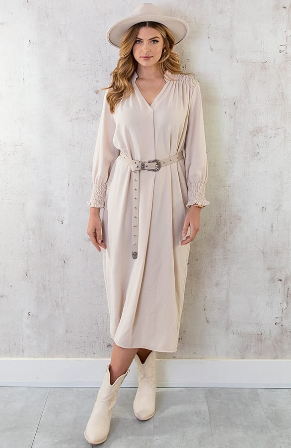 Maxi V-Hals Jurk Beige – shoparchief, foto 7