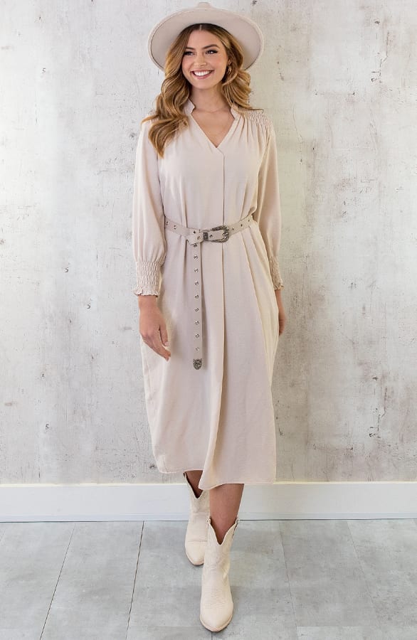 Maxi V-Hals Jurk Beige – shoparchief, foto 5