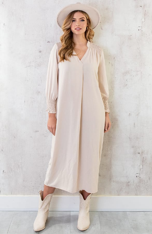Maxi V-Hals Jurk Beige – shoparchief, foto 1