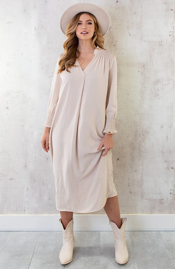 Maxi V-Hals Jurk Beige – shoparchief, foto 3