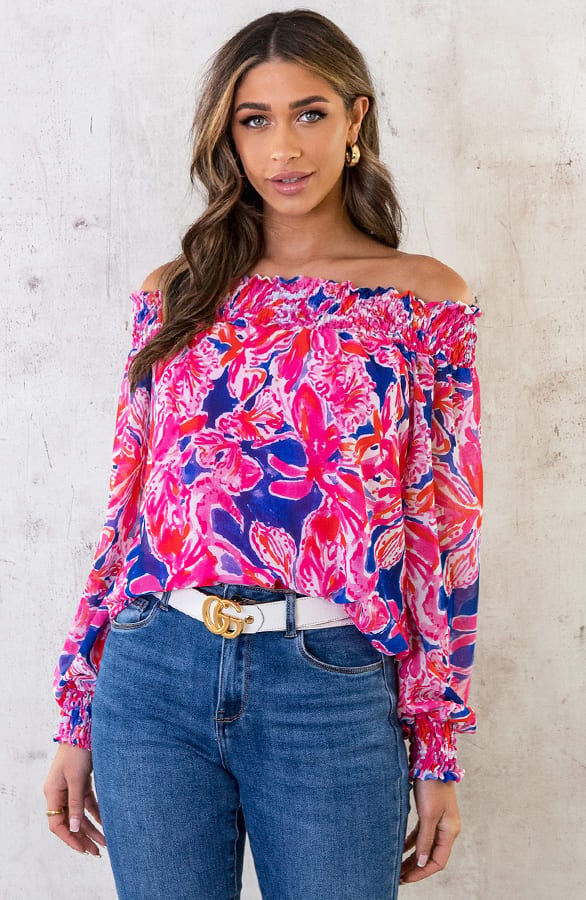 Off Shoulder Top Bloemen Roze Kobalt – shoparchief, foto 2