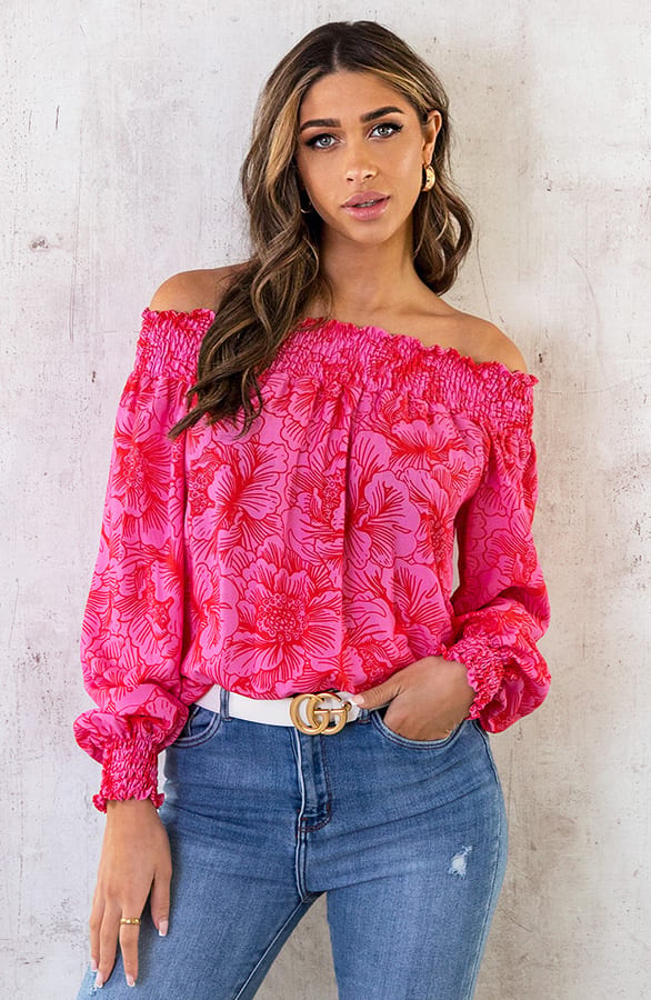 Off Shoulder Top Bloemen Roze Rood – shoparchief, foto 1