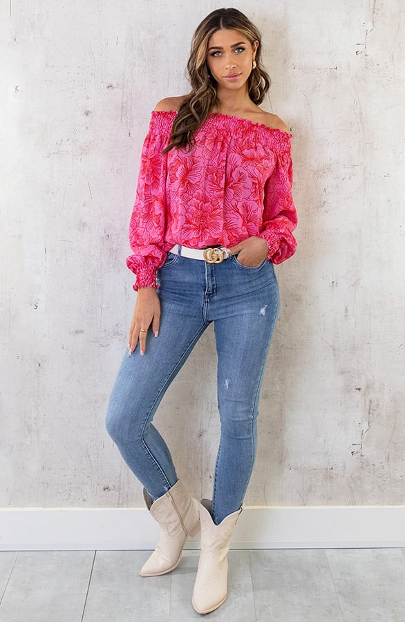 Off Shoulder Top Bloemen Roze Rood – shoparchief, foto 5