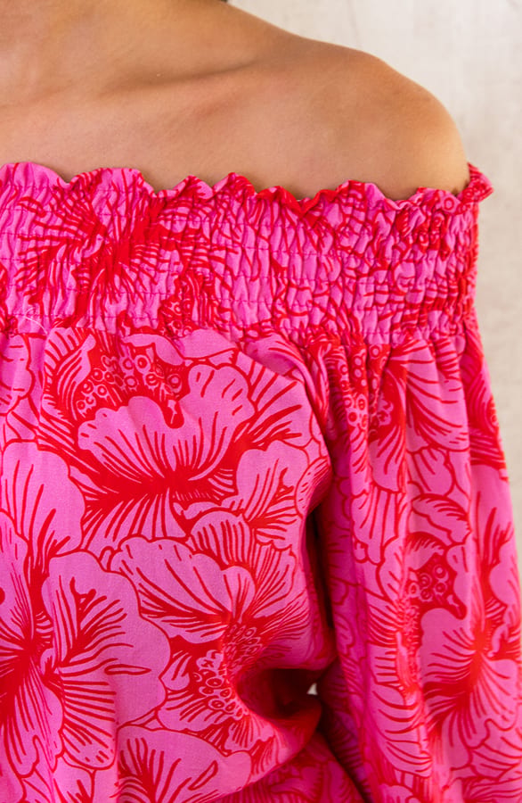 Off Shoulder Top Bloemen Roze Rood – shoparchief, foto 6