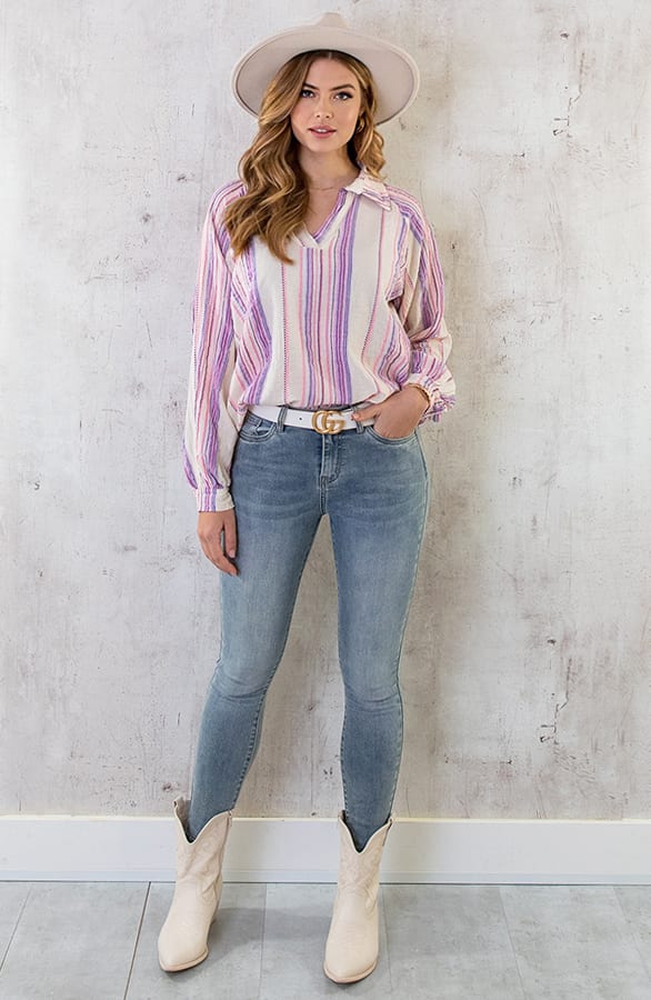 Oversized V-Hals Blouse Aztec Lila Roze – shoparchief, foto 12