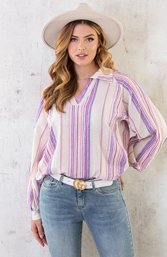 Oversized V-Hals Blouse Aztec Lila Roze – shoparchief, foto 9