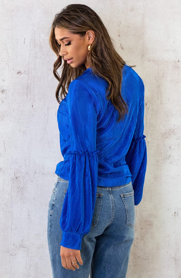 Plisse Blouse Met Ruches Mouw Kobalt – shoparchief, foto 4