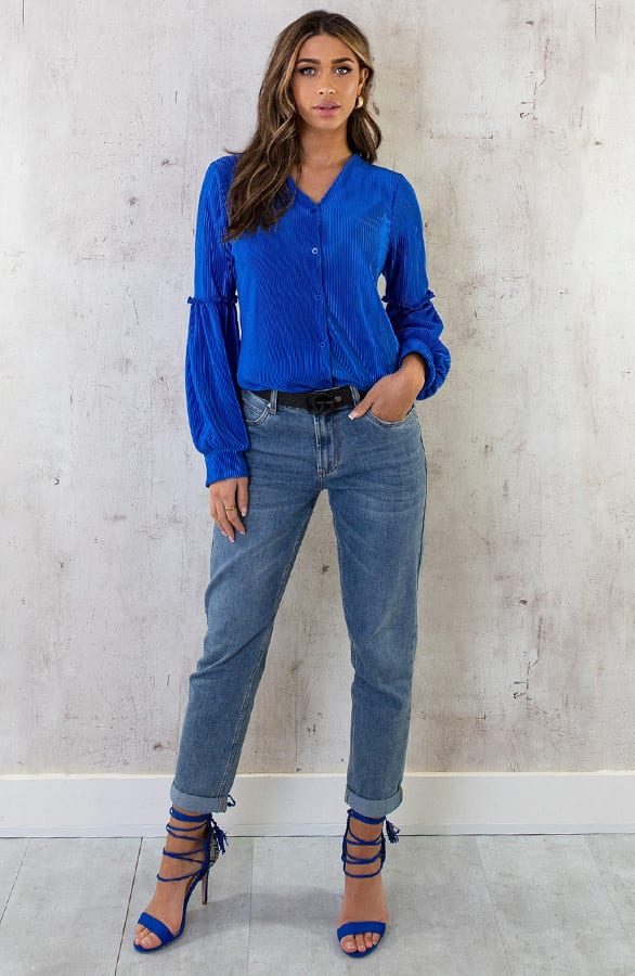Plisse Blouse Met Ruches Mouw Kobalt – shoparchief, foto 5