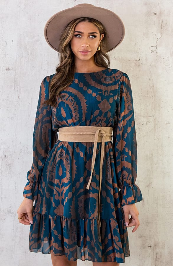 Ruffle Jurk Print Petrol Bruin – shoparchief, foto 8