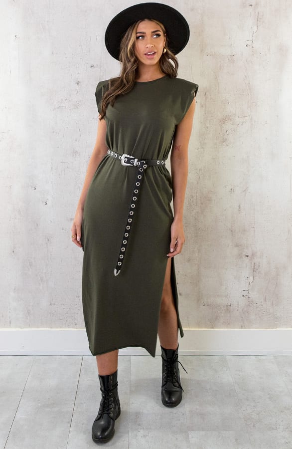 Schoudervulling Maxi Split Jurk Army – shoparchief, foto 9