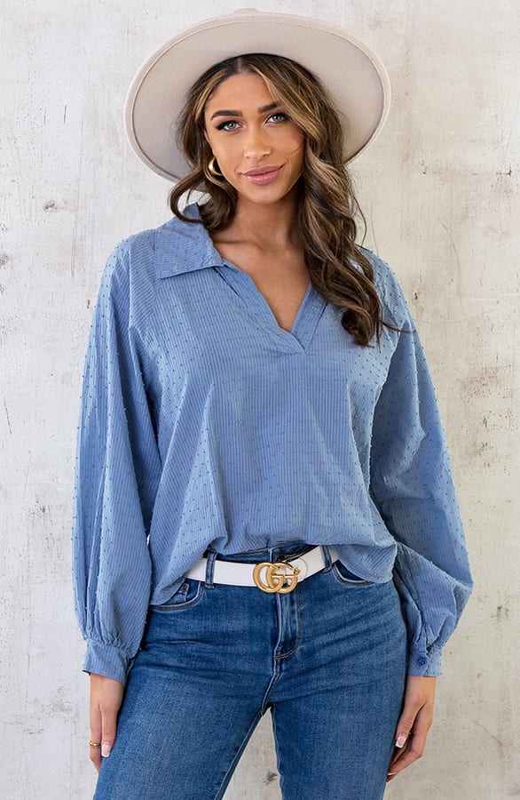 V-Hals Dots Blouse Jeansblauw – shoparchief, foto 1