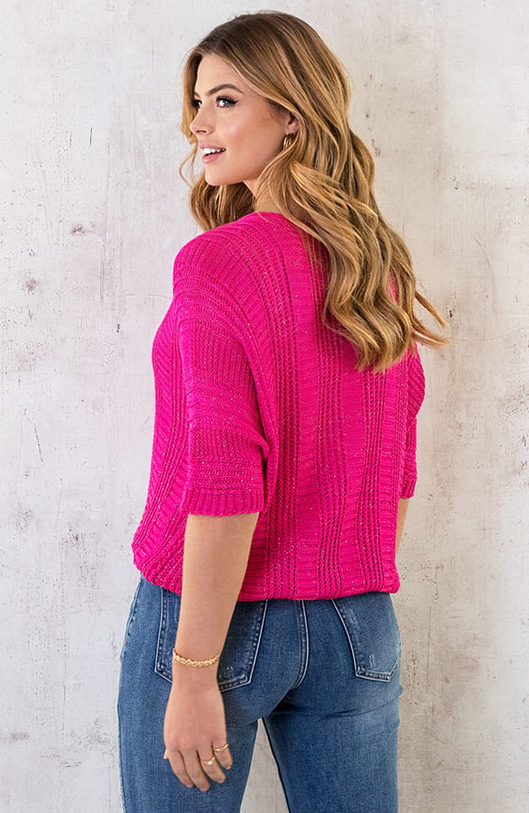 V-Hals Gehaakte Lurex Trui Fuchsia – shoparchief, foto 5