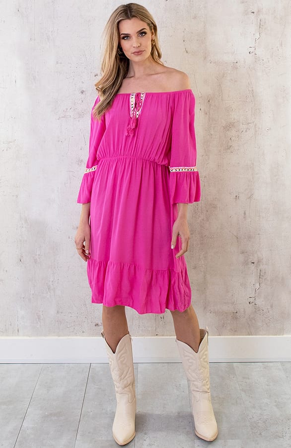 Boho Off Shoulder Jurk Fuchsia – shoparchief, foto 7