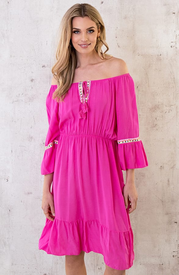 Boho Off Shoulder Jurk Fuchsia – shoparchief, foto 3