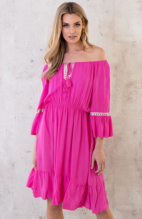 Boho Off Shoulder Jurk Fuchsia – shoparchief, foto 2