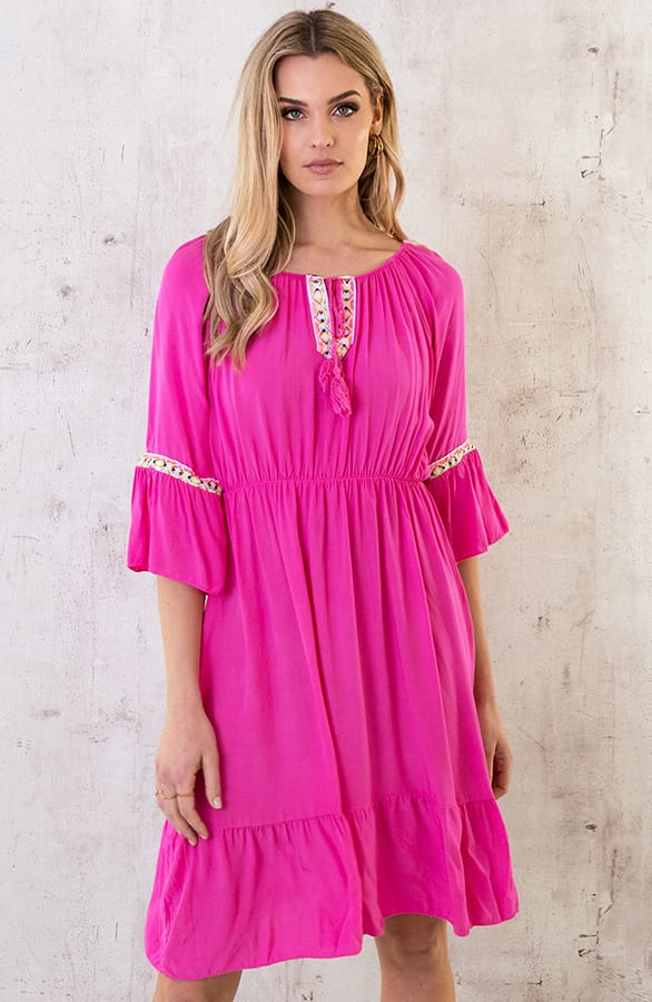 Boho Off Shoulder Jurk Fuchsia – shoparchief, foto 4