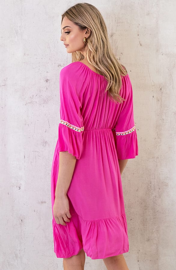 Boho Off Shoulder Jurk Fuchsia – shoparchief, foto 6