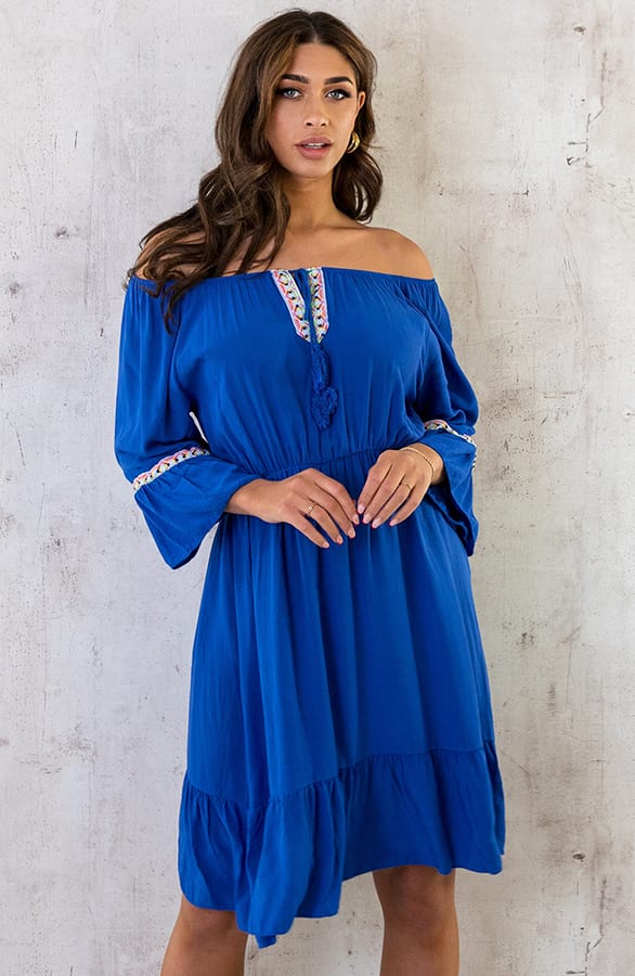 Boho Off Shoulder Jurk Kobalt – shoparchief, foto 2