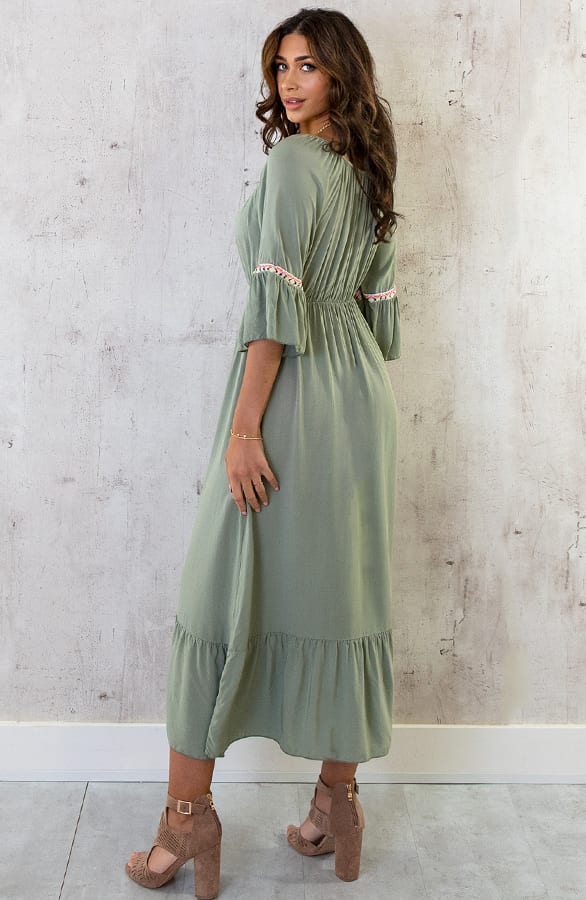Boho Off Shoulder Maxi Jurk Army – shoparchief, foto 5