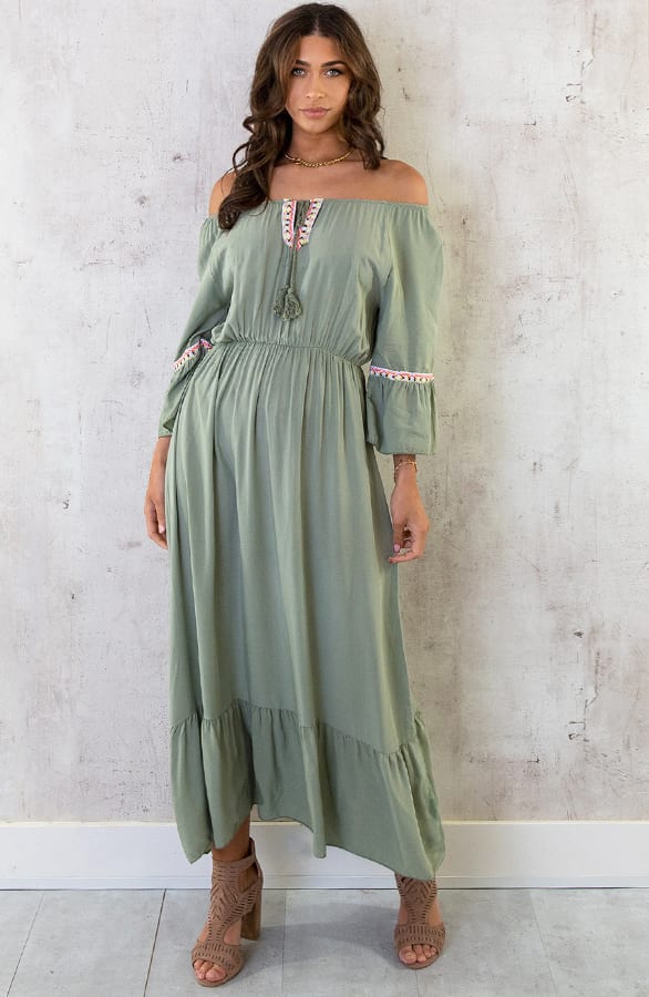 Boho Off Shoulder Maxi Jurk Army – shoparchief, foto 1
