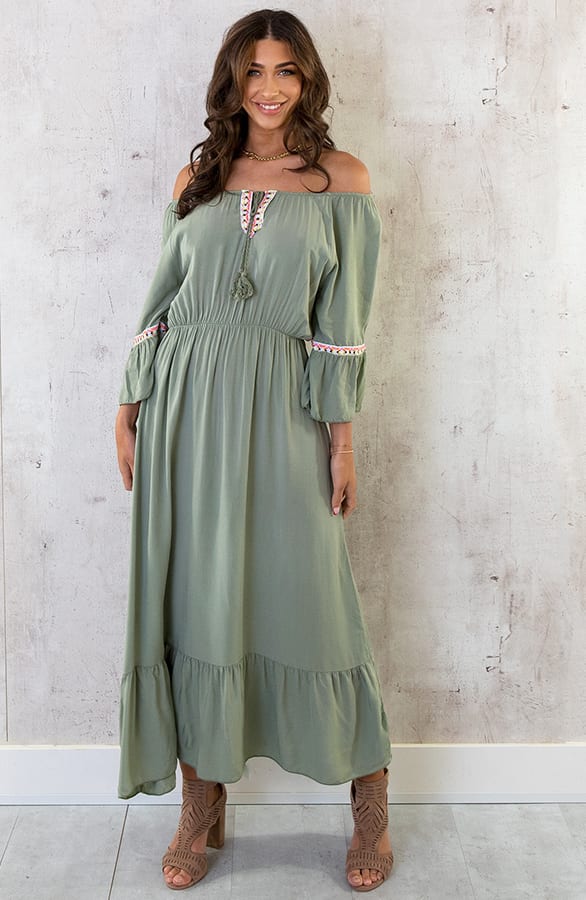 Boho Off Shoulder Maxi Jurk Army – shoparchief, foto 2