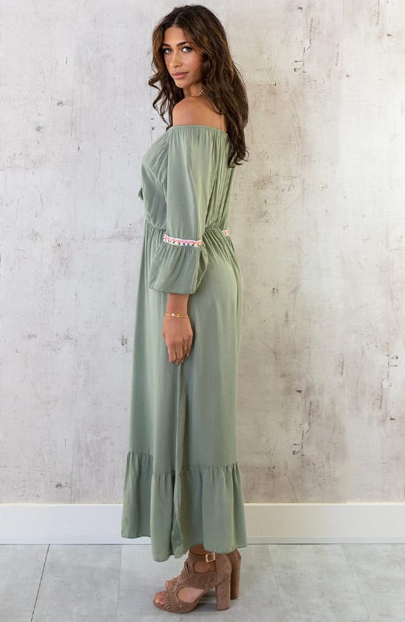 Boho Off Shoulder Maxi Jurk Army – shoparchief, foto 4