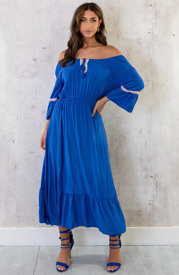 Boho Off Shoulder Maxi Jurk Kobalt – shoparchief, foto 6