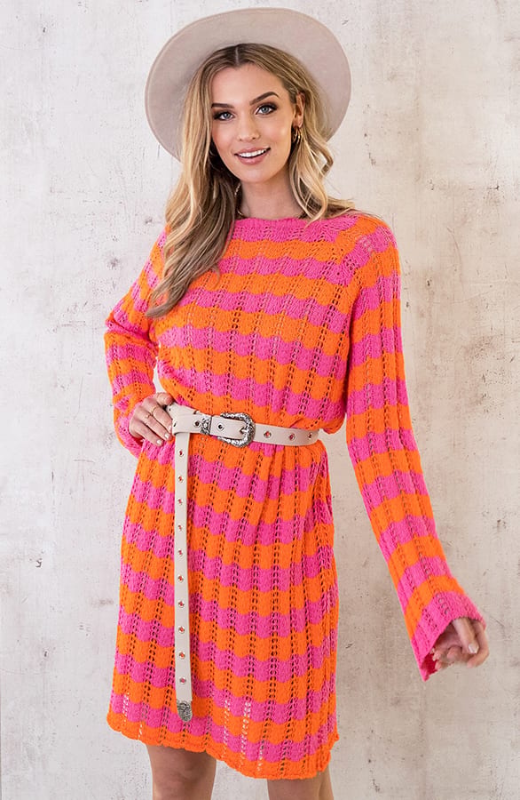 Crochet Strepen Jurk Roze Oranje – shoparchief, foto 3